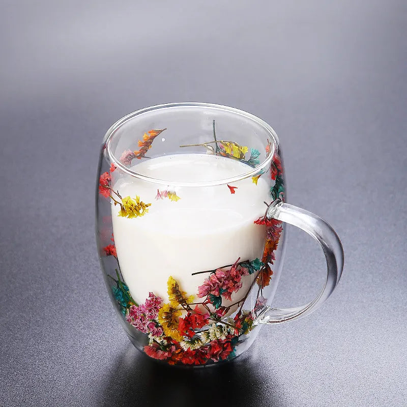 MagicMugs™  Dry Flowers Mug With Double Wall Glass & Handle