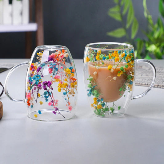 MagicMugs™  Dry Flowers Mug With Double Wall Glass & Handle