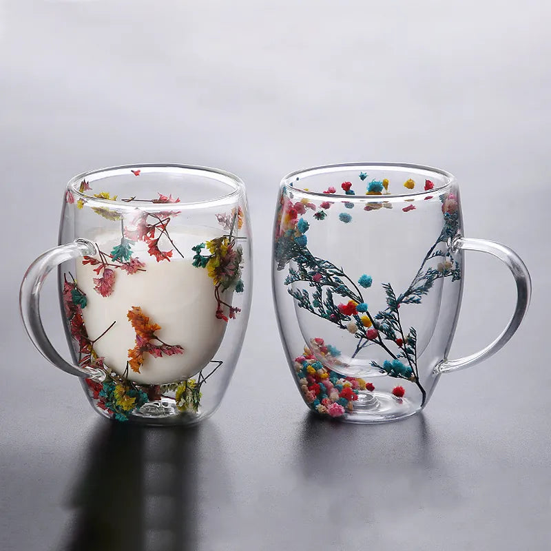 MagicMugs™  Dry Flowers Mug With Double Wall Glass & Handle