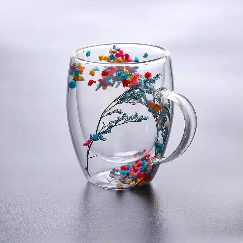 MagicMugs™  Dry Flowers Mug With Double Wall Glass & Handle